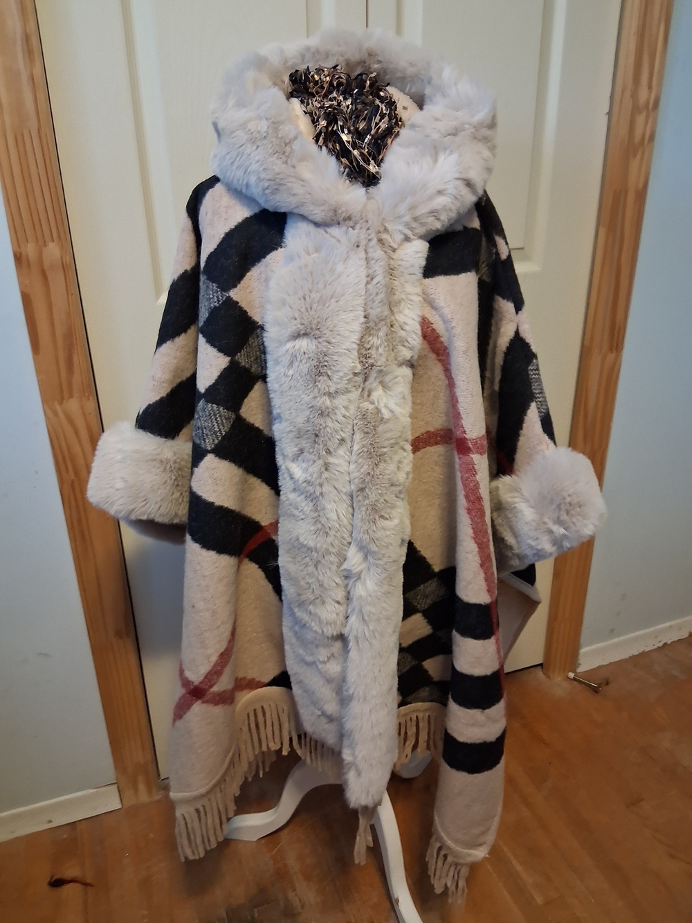 Faux Fur Trim Hooded Poncho Coat in Beige and Black